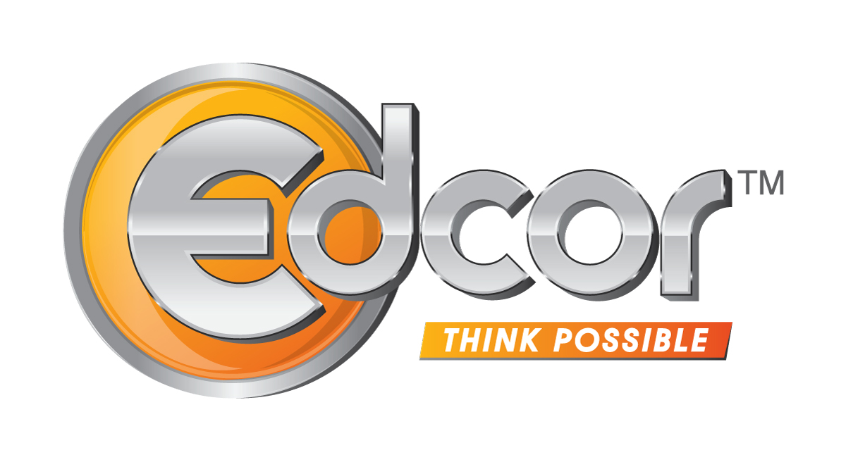 Edcor logo with the word Edcor in chrome letters and a chrome bordered orange circle behind the e and d with tagline: Think Possible on an orange banner underneath cor